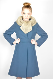 Vintage 1960's blue wool princess coat with fur collar.