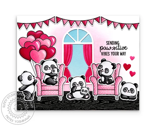 Sunny Studio Valentine's Day Card (using Panda Party, Heart Bouquet & Cozy Christmas Stamps, Wonderful Windows Dies)