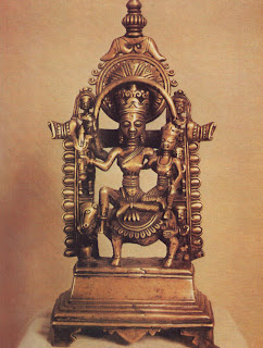 Uma-Maheshvar riding across the cosmos on the Nandi bull; Bronze image from Himachal Pradesh.