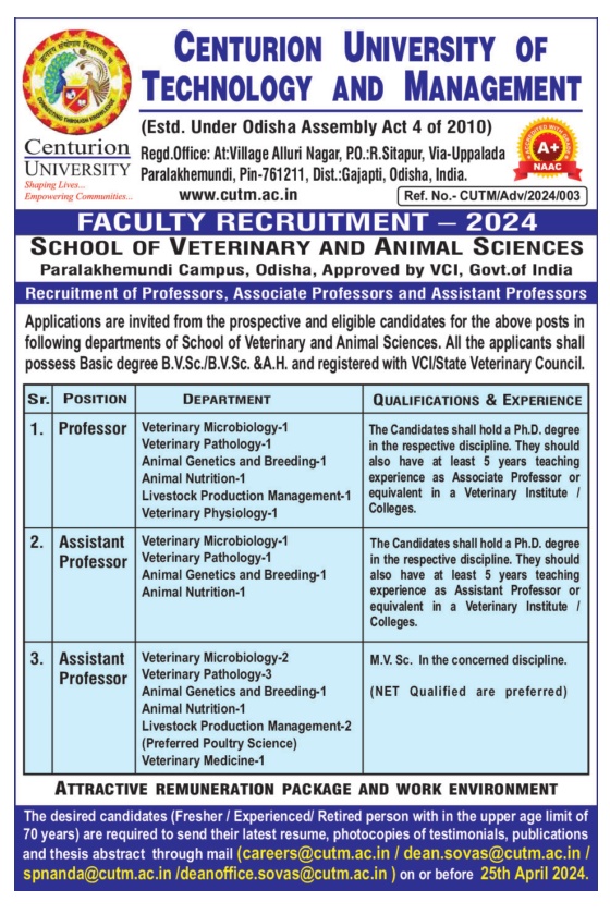 Centurion University Veterinary/Animal Sciences Faculty Jobs