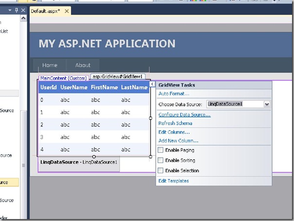 Setting up Grid view data source as linq datasource