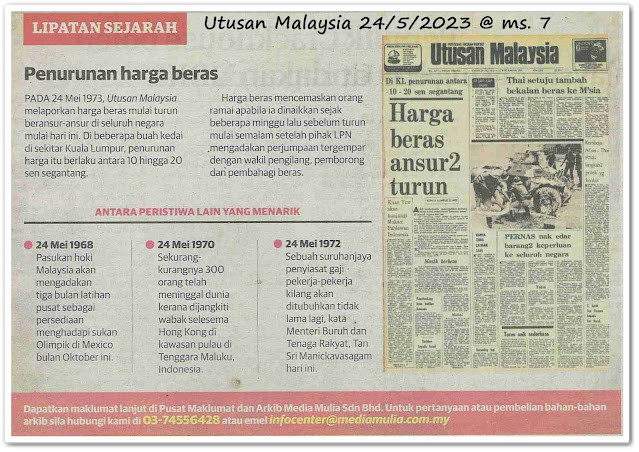 Lipatan sejarah 24 Mei - Keratan akhbar Utusan Malaysia 24 Mei 2023