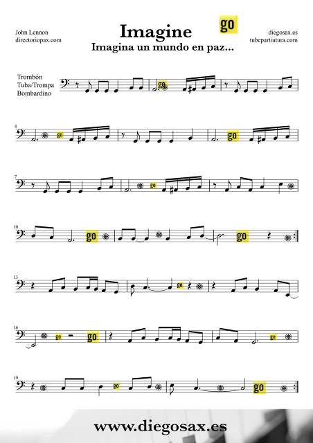  Partitura de Imagine para Trombón, Bombardino, Tuba Elicon de John Lennon Trombone, Tube, Euphonium Sheet Music Rock music score Imagine. Para tocar con tu instrumento y la música original de la canción. Partituras en clave de fa en tercera línea
