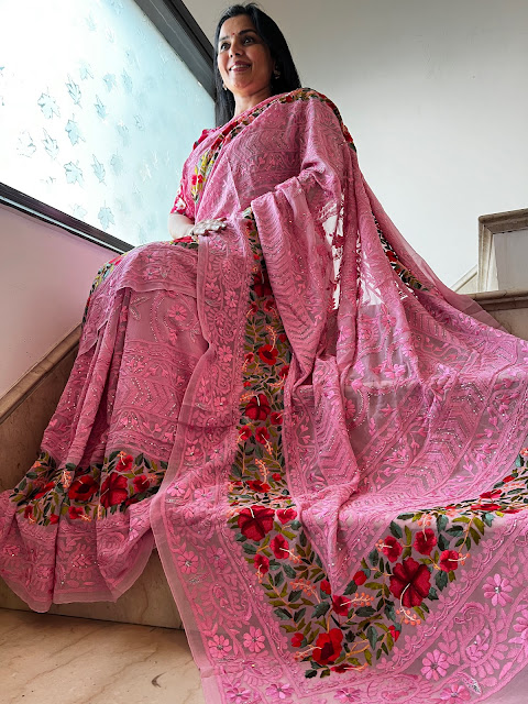 Elegance in Stitches: Exploring the Artistry of Petit Point, Parsi Gara, and Chikankari Hand-Embroidered Pure Georgette Sarees