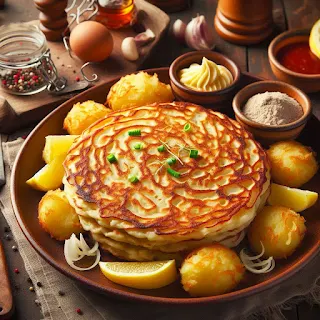 Traditional Irish Boxty: A stack of crispy potato pancakes garnished with fresh chives and a dollop of sour cream.