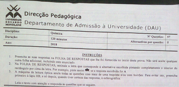 RESOLUÇÃO DO EXAME DE ADMISSÃO DE QUÍMICA DA UEM - 2018 