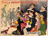 CINÉMA PATHÉ: TOUS Y MÈNENT LEURS ENFANTS! Cartelera apaisada de Francia. Promoción de la firma Pathé. Arte: Adrien Barrère. Impresión: Imprimerie des Établissements Pathé Frères, París. Cinéma Pathé. 1908. Francia. Compañía productora de películas. Fundada como Société Pathé Frères (Compañía Hermanos Pathé) en París, Francia, el 28 de septiembre de 1896 por los hermanos Charles, Émilie, Théophile y Jacques Pathé, Pathé se convirtió, durante los primeros años del siglo XX, en la productora más grande de cine en el mundo así como un importante productor de discos fonográficos. La fuerza impulsora detrás de la operación del cine fue Charles Pathé, que había ayudado a abrir una tienda de gramófonos en 1894 y luego estableció una fábrica de fonógrafos en Chatou, en las afueras del oeste de París. Exitosamente, vio las oportunidades que representaba este nuevo tipo de entretenimiento que ofrecía, y en particular para la industria de cine en ciernes.