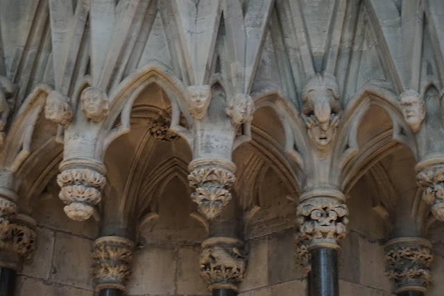 The Chapter House Stone Carvings at York Mintser shaped in varoius animals, flower and people