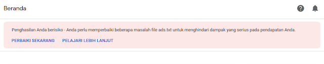 Notifikasi Penghasilan Anda Beresiko pada Dashboard AdSense