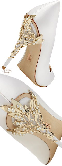 ♦Ralph & Russo white satin Eden heels with pearls & gold leaves #ralphrusso #shoes #brilliantluxury