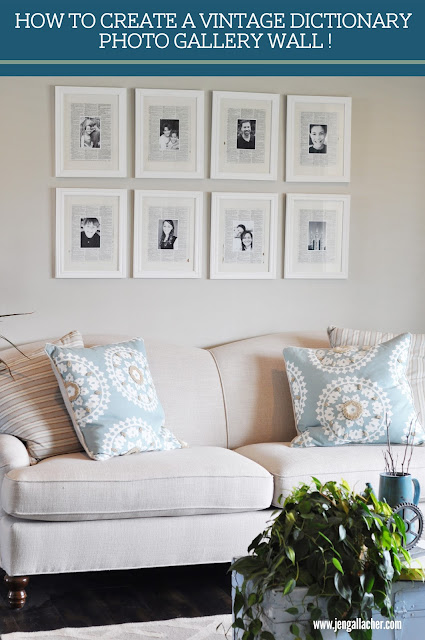 Create a vintage dictionary photo gallery wall with an old dictionary, black and white photos, and white frames from www.jengallacher.com. Includes tutorial photos. #gallerywall #photogrid #vintagedictionarypaper