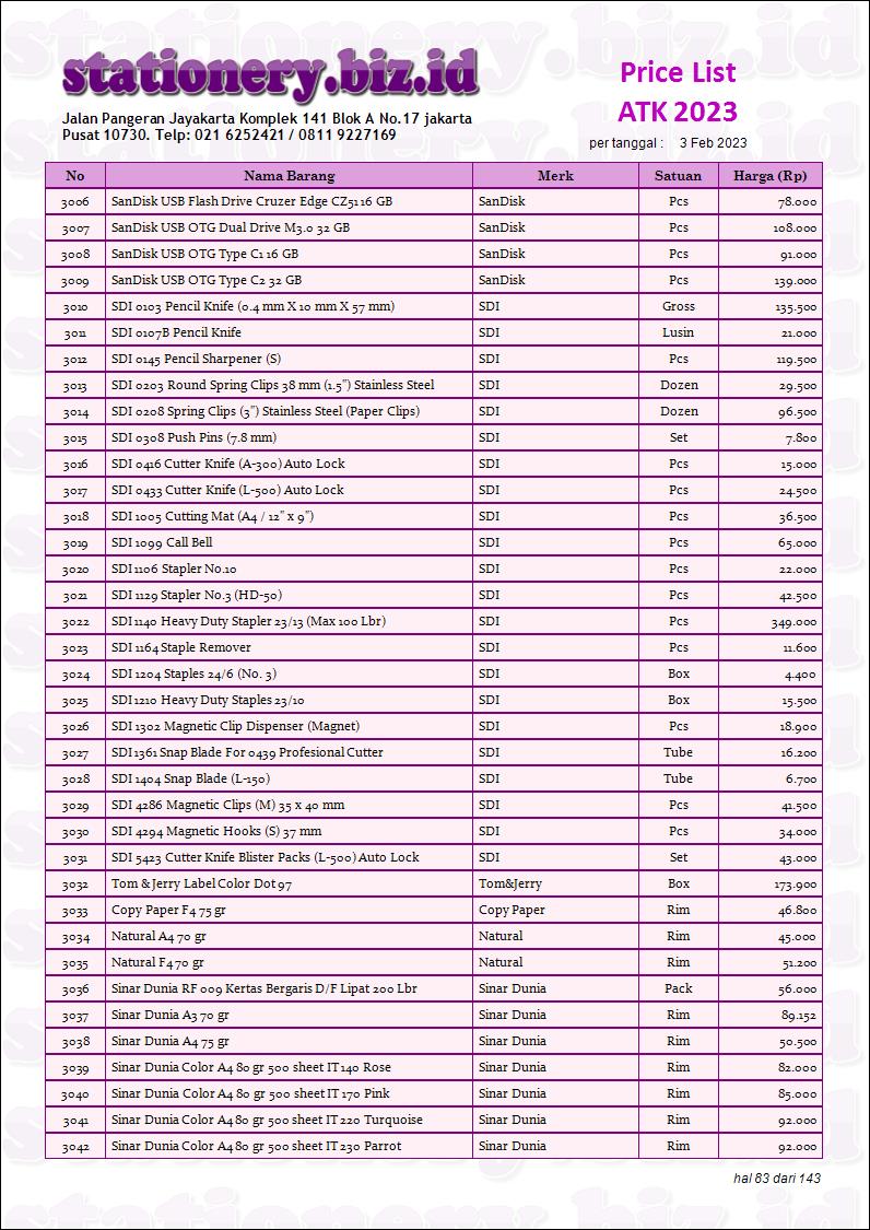 daftar harga peralatan kantor alat tulis sekolah 2023