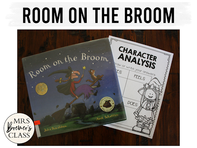 Room on the Broom book activities unit with literacy companion printables, reading comprehension worksheets and a craft for Halloween in Kindergarten and First Grade