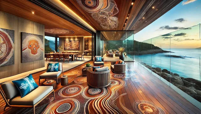 A modern coastal deck with sleek furniture, natural tones, and vibrant Aboriginal Australian art, blending luxury with cultural richness and ocean views.