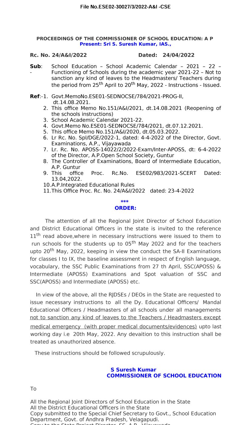 Not to sanction any kind of leaves to the Headmasters/ Teachers during the period from 25th April to 20th May, 2022 - Instructions