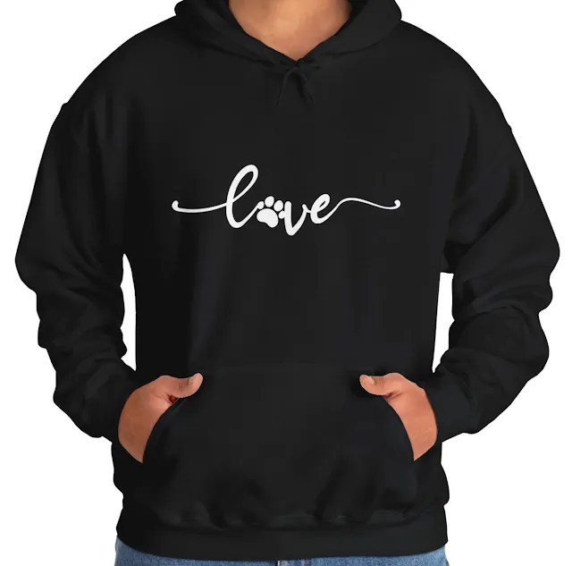 A Unisex Heavy Blend Hoodie With Paw Print on Love Text