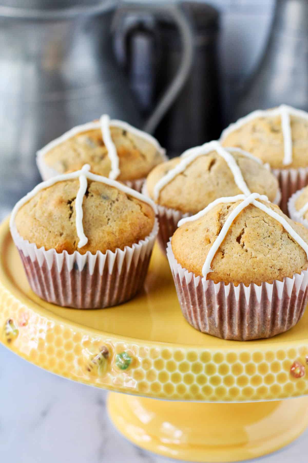 Muffins on a cake stand.
