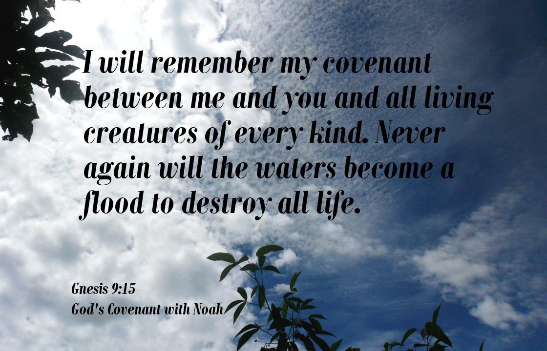 Genesis 9:12-13, 16 Then God said, “I am giving you a sign of my covenant  with you and with all living creatures, for all …