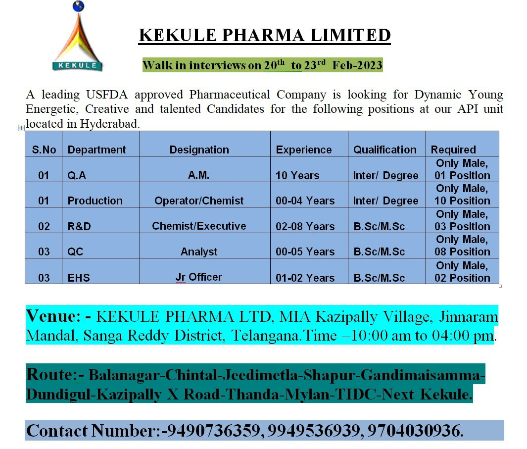 Job Availables, Kekule Pharma Ltd Walk In Interview For QA/ Production/ R&D/ QC/ EHS Department