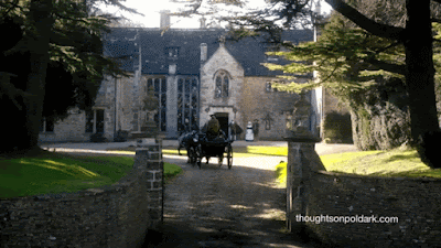 George Warleggan in Poldark riding with Elizabeth in a carriage into the Trenwith grounds