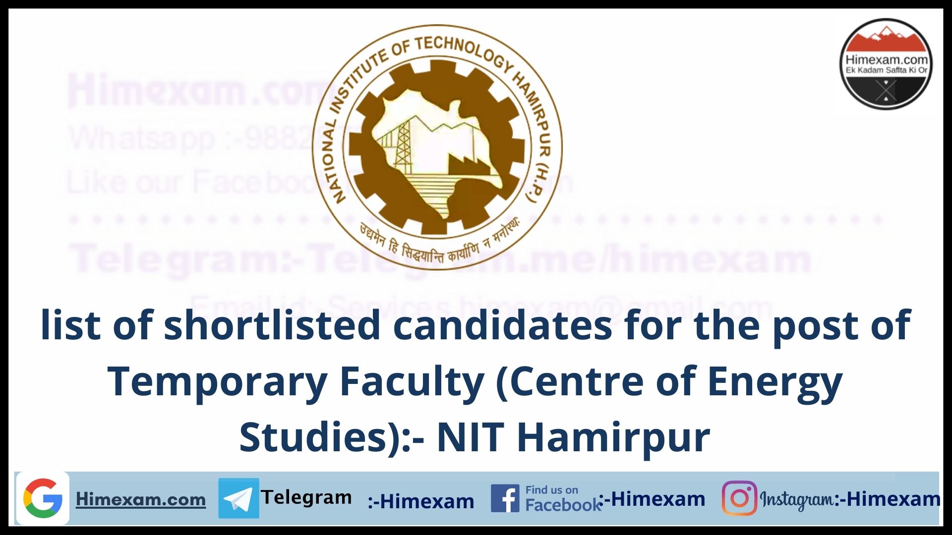 list of shortlisted candidates for the post of Temporary Faculty (Centre of Energy Studies):- NIT Hamirpur