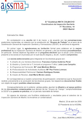 Copia del escrito remitido a la Dra. Guadalupe Mata, por la AISSMa, en relación con los Grupos de Trabajo. Hacer clic para aumentar de tamaño.