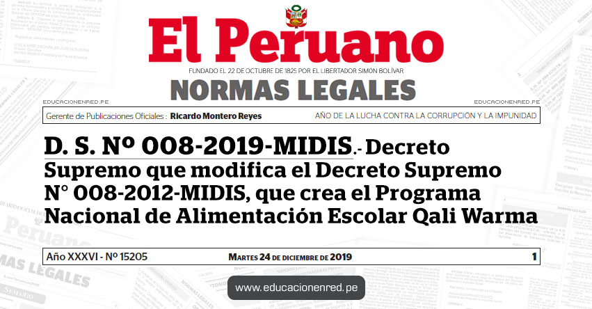 D. S. Nº 008-2019-MIDIS - Decreto Supremo que modifica el Decreto Supremo N° 008-2012-MIDIS, que crea el Programa Nacional de Alimentación Escolar Qali Warma