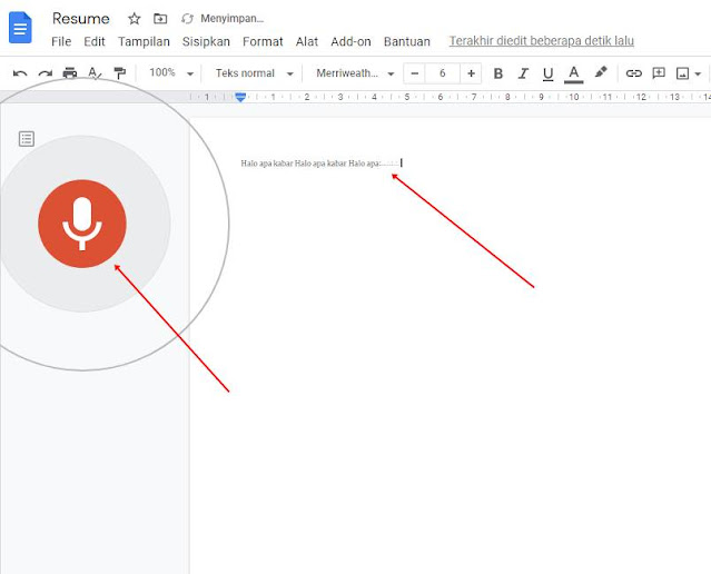 klik icon mikrofon, mulai mendikte, dan hasilnya muncul di lembar resume