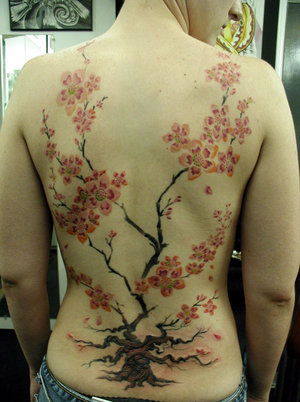 Women Japanese Back Piece Cherry Blossom Tattoos Picture 3