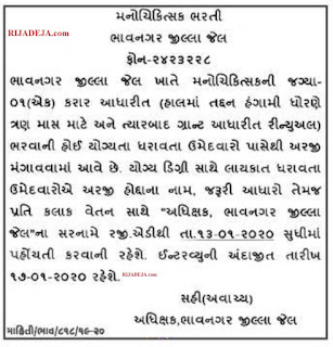 Bhavnagar District Jail Psychiatrist Recruitment 2020