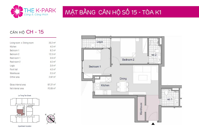 Thiết kế căn hộ 15 - Dt 67m2 - 02 phòng ngủ