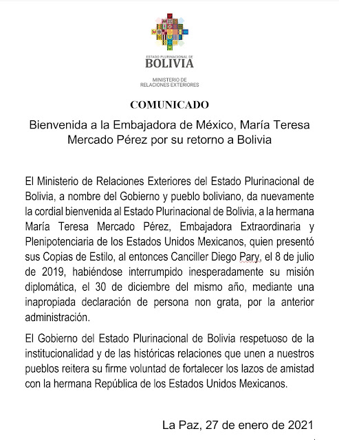 María Teresa Mercado Pérez, embajadora de México ante Bolivia regresa a La Paz