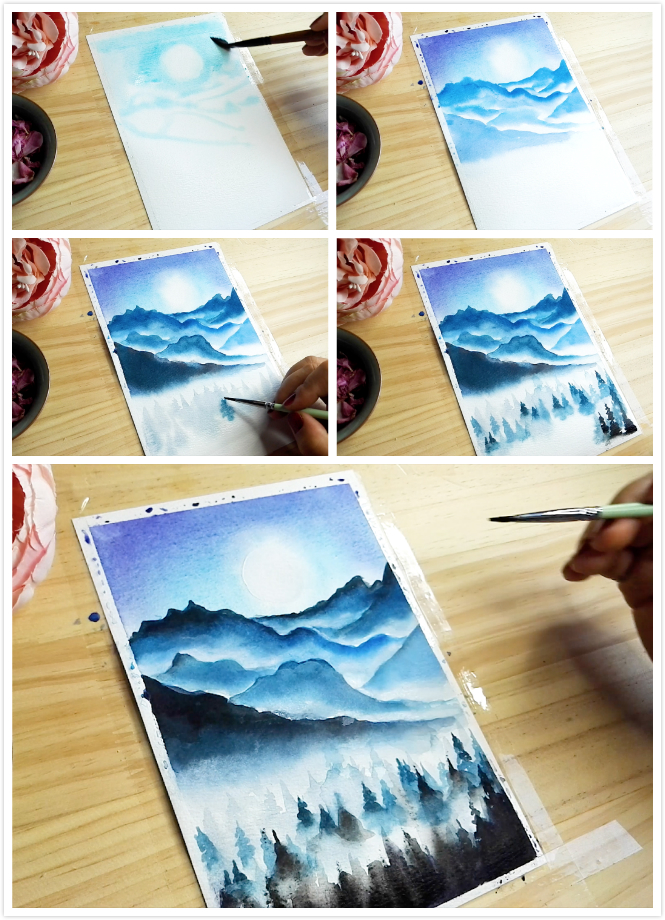 How to draw Watercolor sunset mountain landscape tutorial for beginner, come to my web class