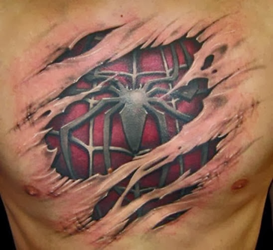 3D spider & wound tattoo on the chest 