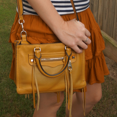 Rebecca Minkoff micro Regan satchel in Harvest Gold with rust ruffle mini skirt | awayfromblue