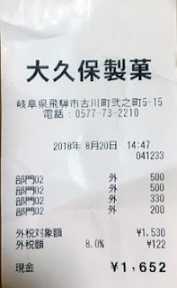 大久保製菓 2018/8/20購入レシート