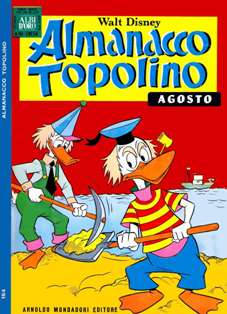 Almanacco Topolino 164 - Agosto 1970 | ISSN 1123-878X | CBR 215 dpi | Mensile | Fumetti | Universo Disney
L'Almanacco Topolino iniziò ad essere pubblicato nel 1957 come continuazione degli Albi d'Oro, una rivista che proponeva, alternativamente, storie tratte dall'universo Disney e storie non-Disney.
Nei primi anni trenta, con il nome di Albi d'Oro, la testata Almanacco Topolino venne utilizzata per pubblicare albi speciali, stagionali o annuali come nella moda statunitense. Dall'ottobre del 1956 la testata ha affiancato e poi sostituito la serie degli Albi d'Oro, divenuto semplicemente una piccola dicitura in un quadratino in alto a sinistra.
Sull'Almanacco Topolino venivano preferibilmente pubblicati fumetti stranieri, principalmente a causa del suo formato più ampio che consentiva di pubblicare le storie tipicamente a quattro strisce dell'estero senza rimontarle o ridurle in dimensioni. Alcuni anni più tardi, nel gennaio del 1970, venne adottata una nuova numerazione, partendo dal 157, ovvero contando i numeri usciti dal gennaio 1957 in poi, che diventa così il primo numero ufficiale della serie. Fino al dicembre 1981, la rivista aveva la caratteristica di essere stampata alternando due pagine a colori e due in bianco e nero: dal mese seguente divenne invece interamente a colori.
Dal gennaio 1985 la rivista ha assunto un formato ridotto e ha cambiato il suo nome in Mega Almanacco e successivamente in Mega 2000 e in Mega 3000 (dal 2000). Nel corso degli anni novanta ha iniziato a presentare al pubblico anche storie danesi e brasiliane, oltre a quelle statunitensi e olandesi.
L'Almanacco Topolino è stato ripreso nel corso dell'aprile 1999 come trimestrale: presentava le ristampe delle più illustri storie mai pubblicate sulla prima serie. Si è conclusa con il numero 13 del marzo 2002.
Buona parte delle storie classiche apparse sulla prima serie della rivista sono ristampate sulla testata Le Imperdibili, che si avvale delle copertine di Marco Rota. Anche questa serie ha chiuso i battenti, con il numero 33 del settembre 2007.
La rivista ha avuto questi titoli:
- Albi d'Oro: inizia come settimanale, presentando anche storie non-Disney, quindi diventa mensile con storie solo Disney fino al dicembre 1956;
- Almanacco Topolino: dal gennaio 1957 fino al dicembre 1984;
- Mega Almanacco: partito con il numero 337, nel gennaio 1985;
- Mega 2000: partito dal numero 424, nell'aprile del 1992;
- Mega 3000: partito dal numero 521, nel maggio 2000;
- Mega: partito con il numero 596 ad agosto 2006, e terminato con il numero 613 a gennaio 2008.
Tutte queste serie sono da considerarsi un'unica collana in virtù della numerazione continua.