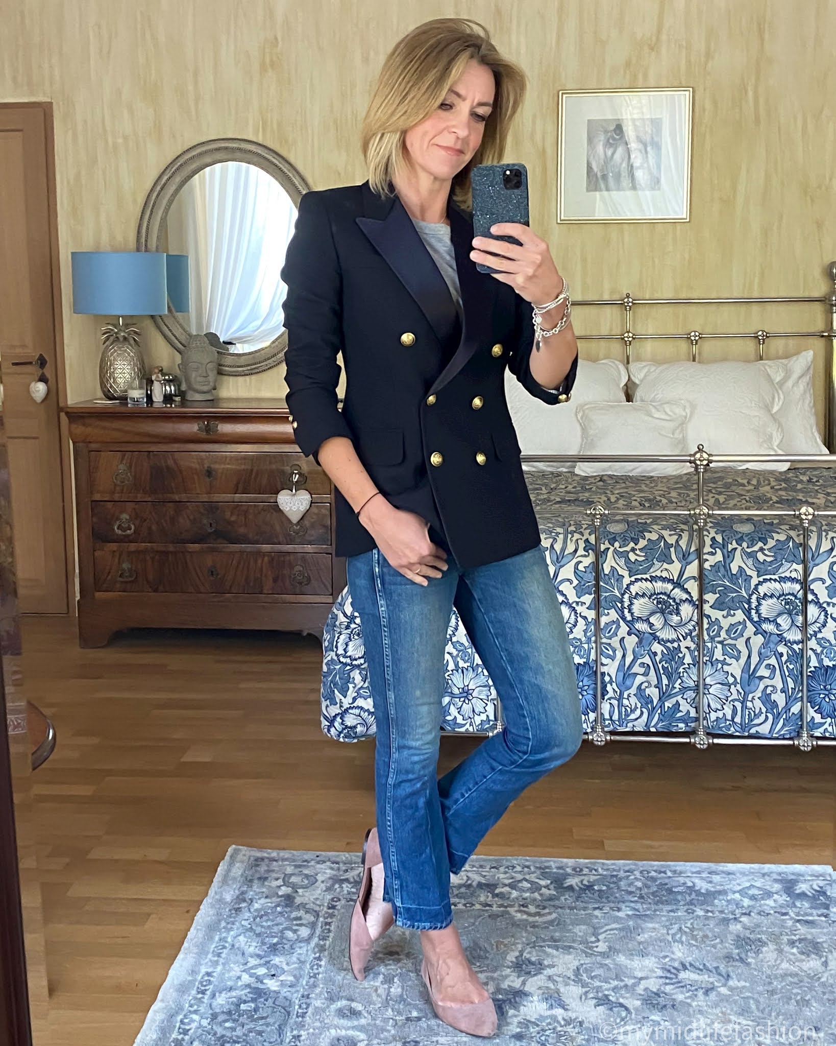 my midlife fashion, j crew double breasted blazer, Joseph crew neck t shirt, j crew cropped kick flare jeans, h and m pointed ballet pumps
