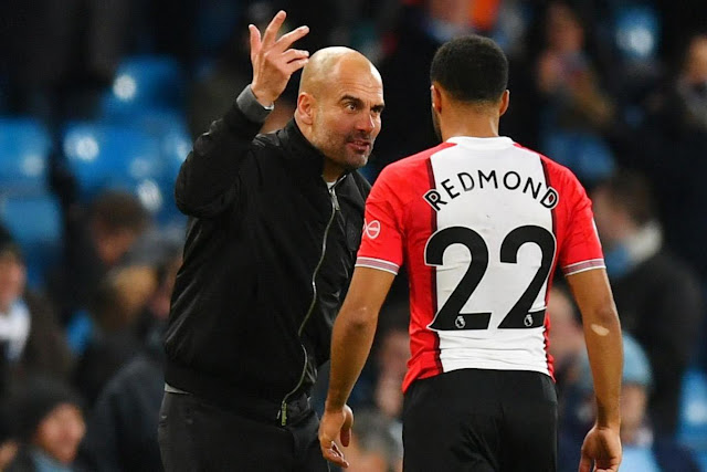 Man City boss Pep Guardiola shouting at Southampton star Nathan Redmond