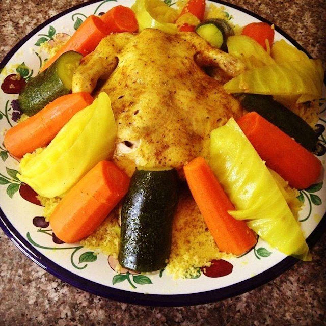 Traditional Moroccan couscous with roast chicken and vegetables recipe