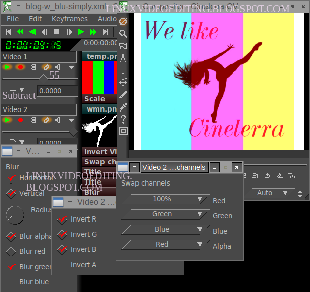 Color correction effects in Cinelerra: shift (swap) color channels, invert color channels, blur color channels.