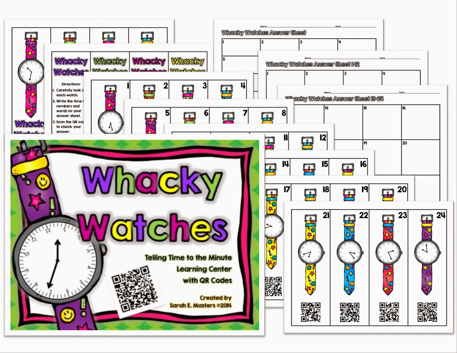 http://www.teacherspayteachers.com/Product/Whacky-Watches-Telling-Time-to-the-Minute-Math-Center-with-QR-Codes-1178951