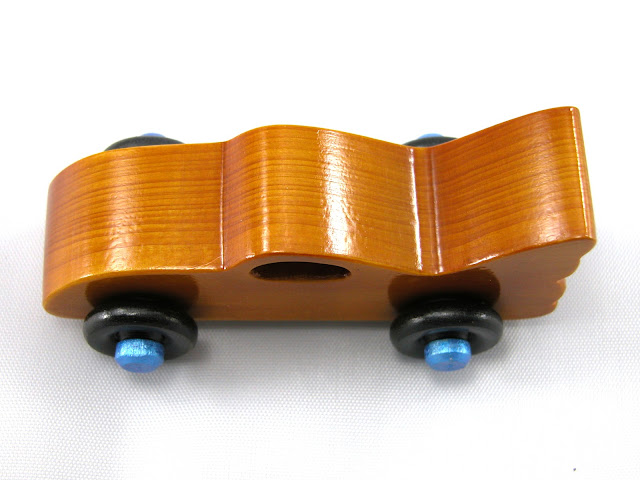 Handmade Wood Toy Car based on the Bat Car in the Play Pal Series, Amber Body, Metallic Blue Hubs, Black Wheels