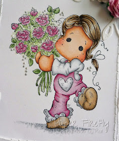 Tilda with flowers, from pink and girly card with pearl, flower and ribbon details