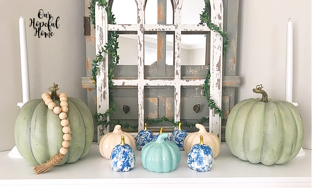 cathedral arch farmhouse wood bead garland faux blue pumpkins mantel decor