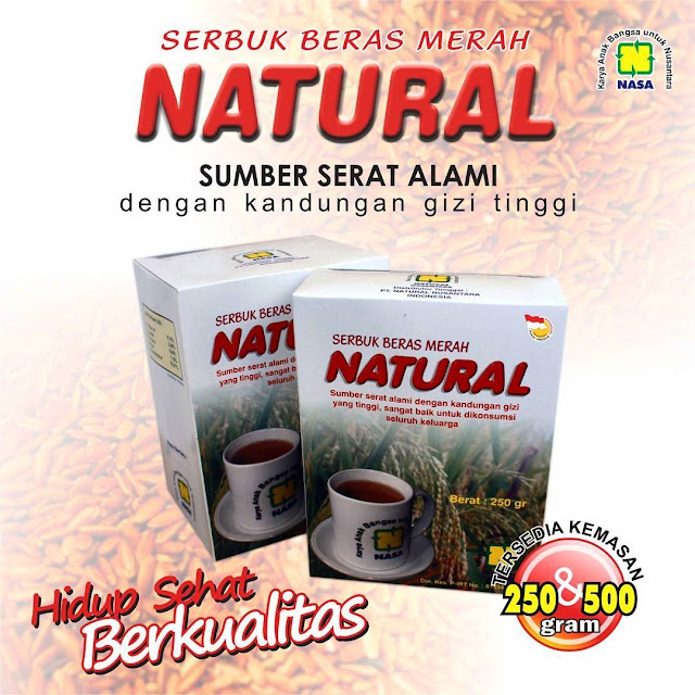 Serbuk Beras Merah Natural (SBMN) mengandung banyak serat, protein, karbohidrat, lemak, vitamin A, B, B komplek dan vitamin E, mineral, dan enzim. SBMN Nasa tidak mengandung bahan pengawet, sehingga SBMN dapat disajikan langsung sebagai minuman kesehatan yang alami.