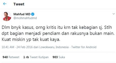 Mahfud MD kembali menjadi sasaran pengguna media sosial Twitter.