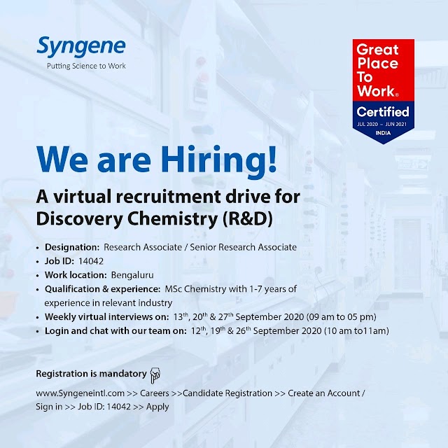 Syngene International | Virtual interview for Discovery chemistry on 19 & 26 Sept 2020