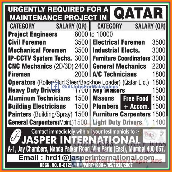 Mainenance Project Qatar job vacancies