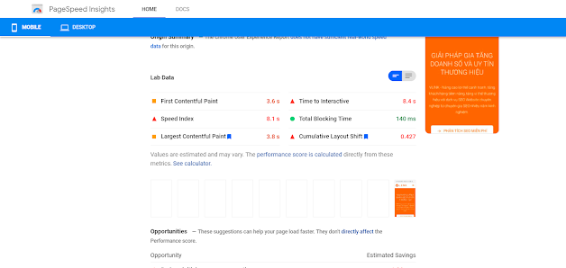 Số liệu trên website được hiển thị đầy đủ trong báo cáo của Pagespeed Insights